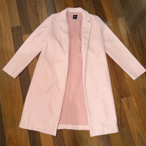 ZARA Soft Pink Wool Blend Long Coat | Pastel Minimalist Open Front Duster Small - Picture 4 of 11
